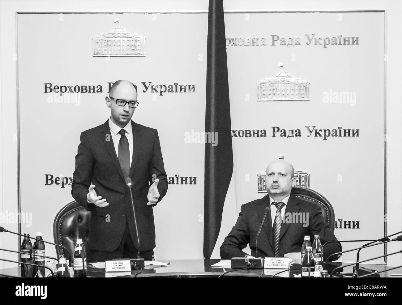 Oct. 3, 2014 - Prime Minister of Ukraine Arseniy Yatsenyuk and Chairman of the Verkhovna Rada of Ukraine Oleksandr Turchynov met with members of the All-Ukrainian Council of Churches and Religious Organizations.Alexander Turchin asked participants of the event to call worshipers to go for early parliamentary elections. Meanwhile assembled said about the threat of inter-religious conflict in Ukraine and asked to refrain from harsh statements and power grabs temples. In addition, representatives of churches asked officials to better coordinate efforts to ensure IDPs and prevent a humanitarian d Stock Photo