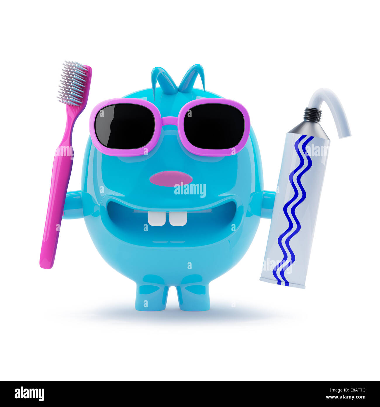3d render of a blue plastic toy character wearing sunglasses and