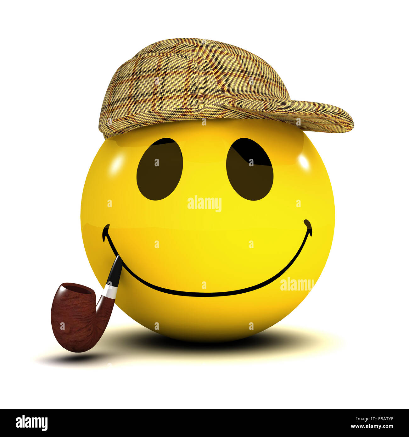 3d render of a smiley wearing a deerstalker hat and smoking a pipe Stock Photo