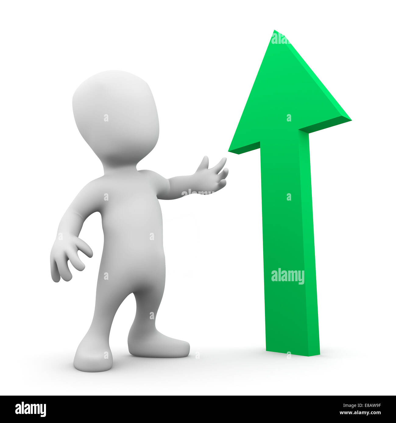 3d render of a little man with upward pointing green arrow Stock Photo ...