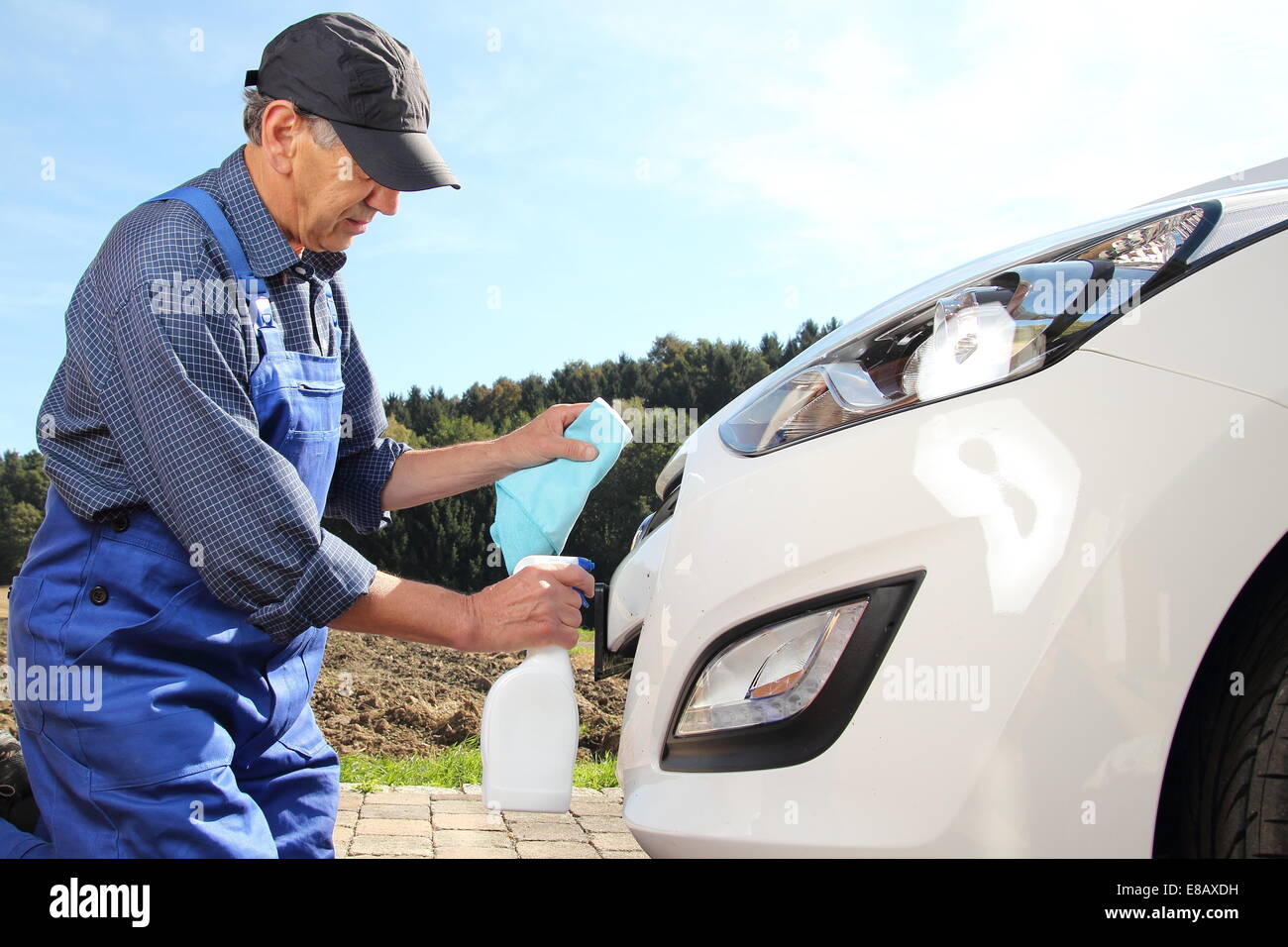 A Man removing Insects from a Car Stock Photo