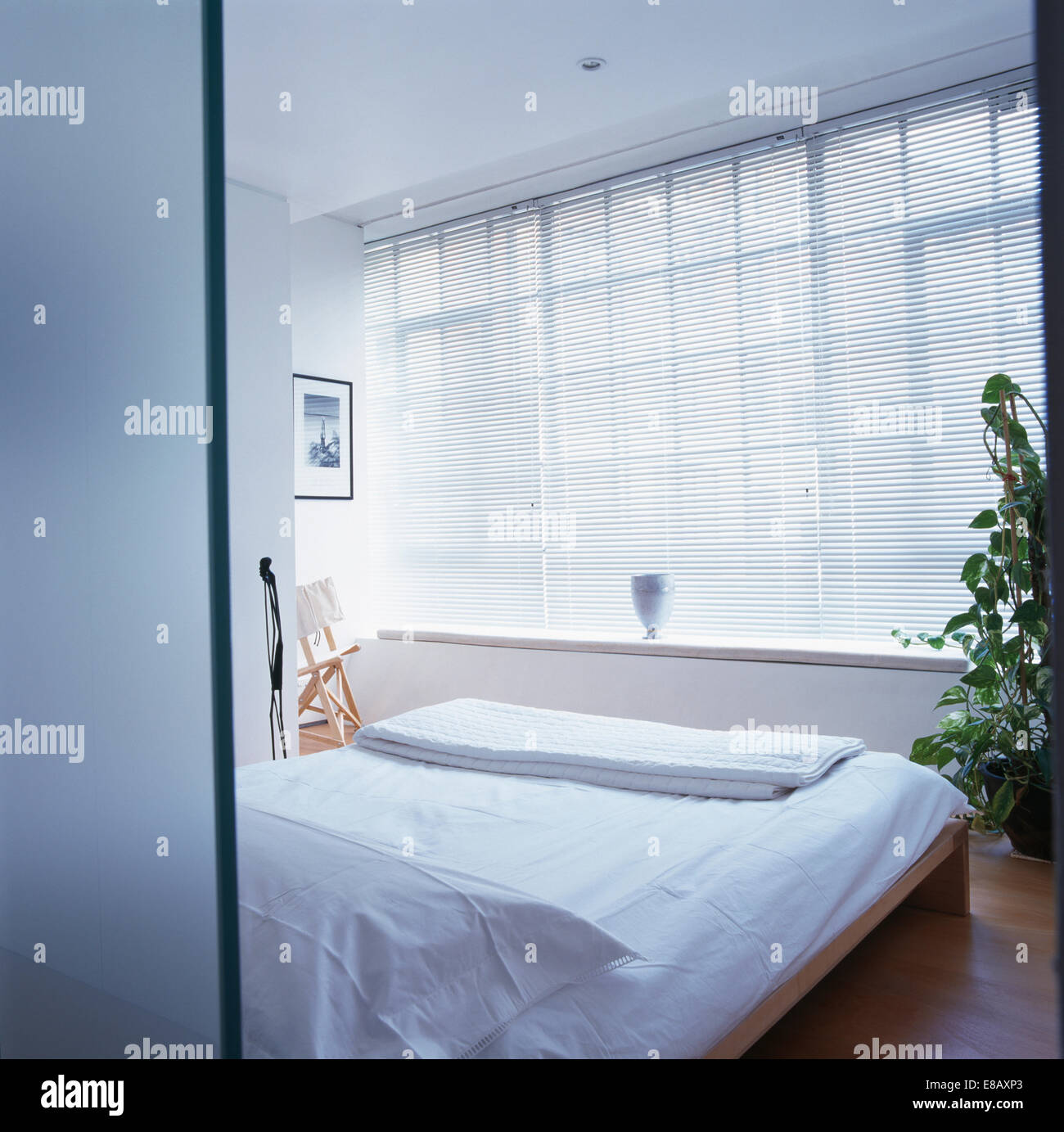 Venetian Blind On Large Window Above Bed With Crisp White