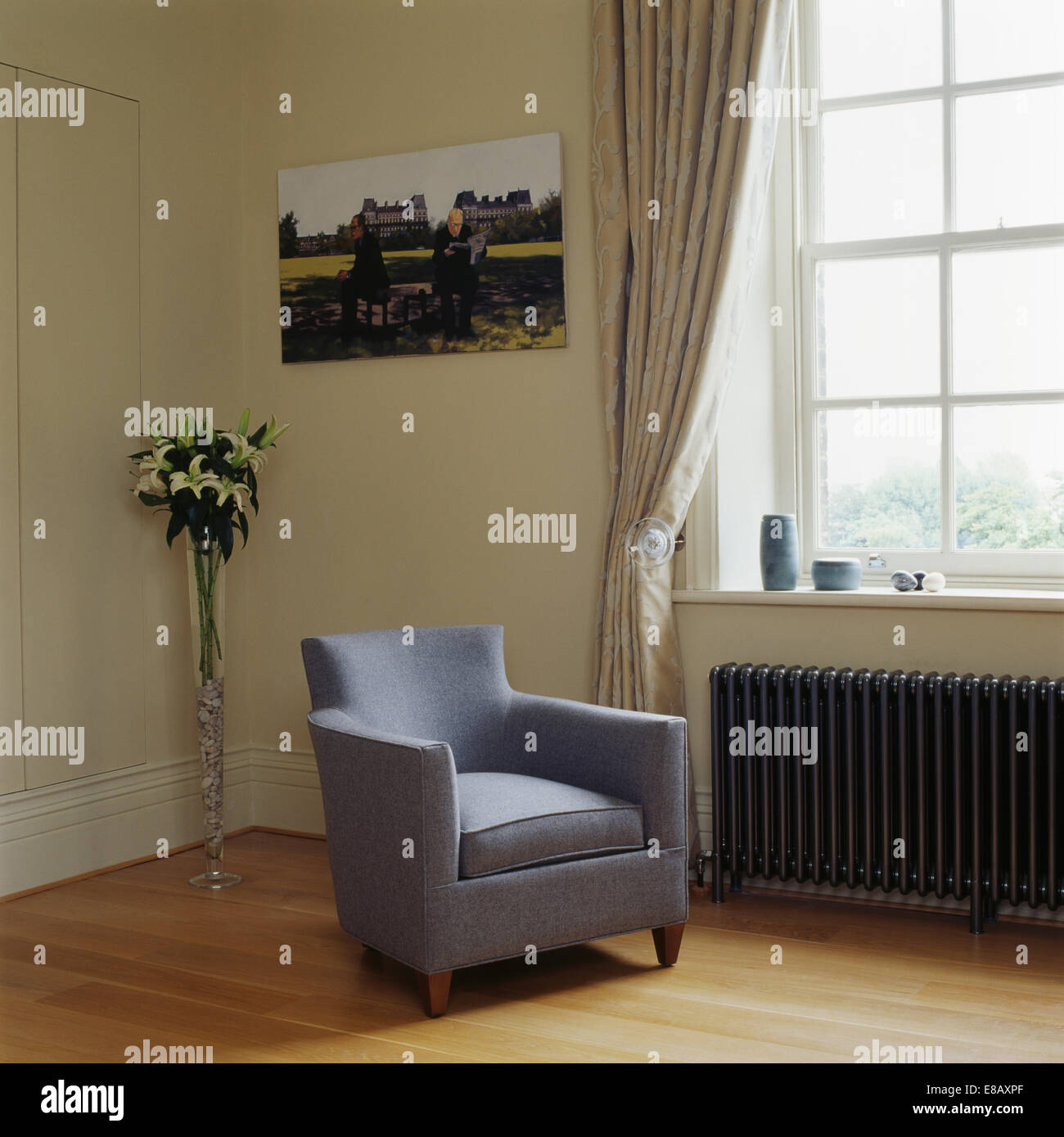 Pale Mauve Wool Armchair Beside Window With Gray Silk Curtain In