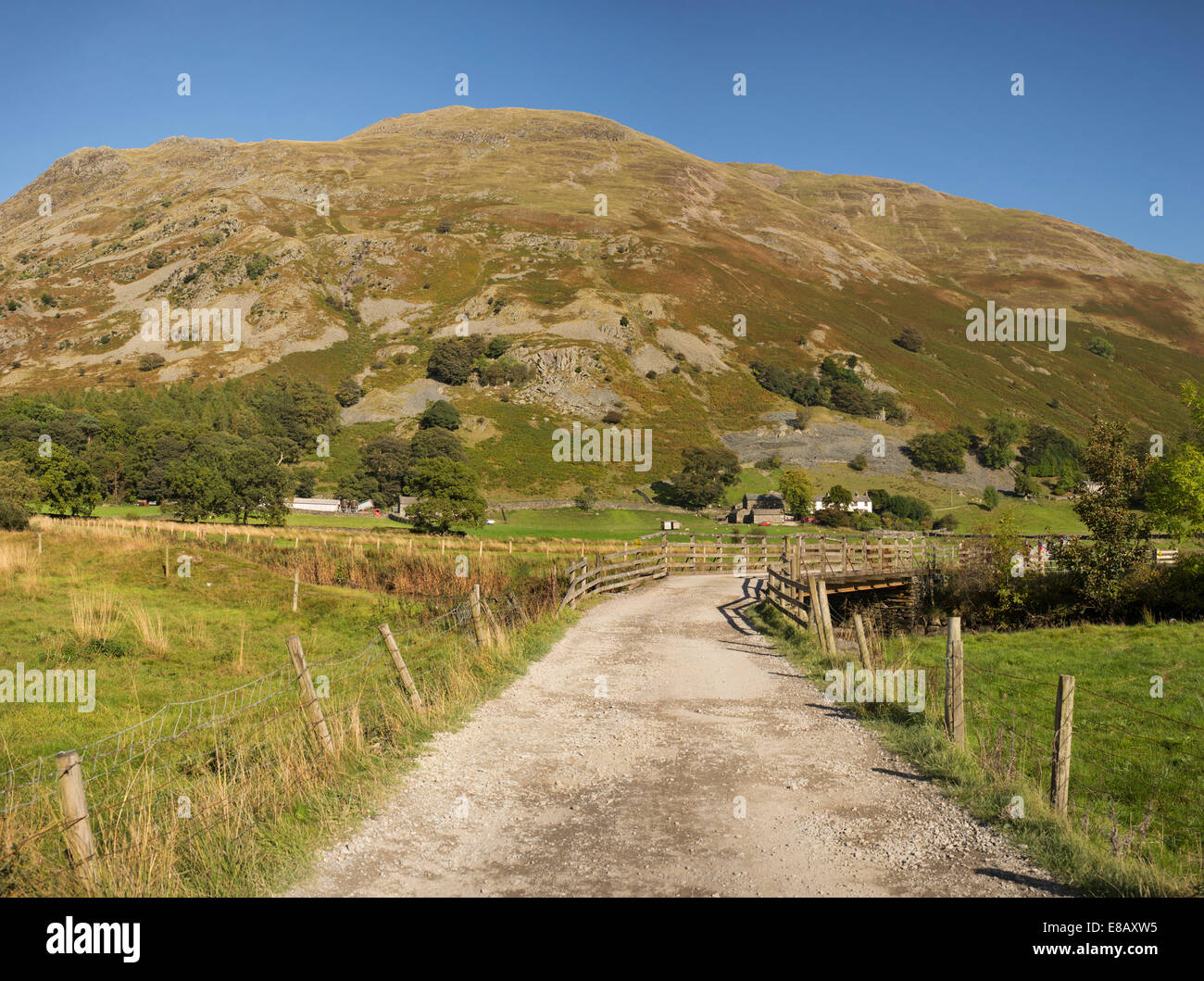 Farm track with Patterdale Common in English Lake District, UK. Stock Photo