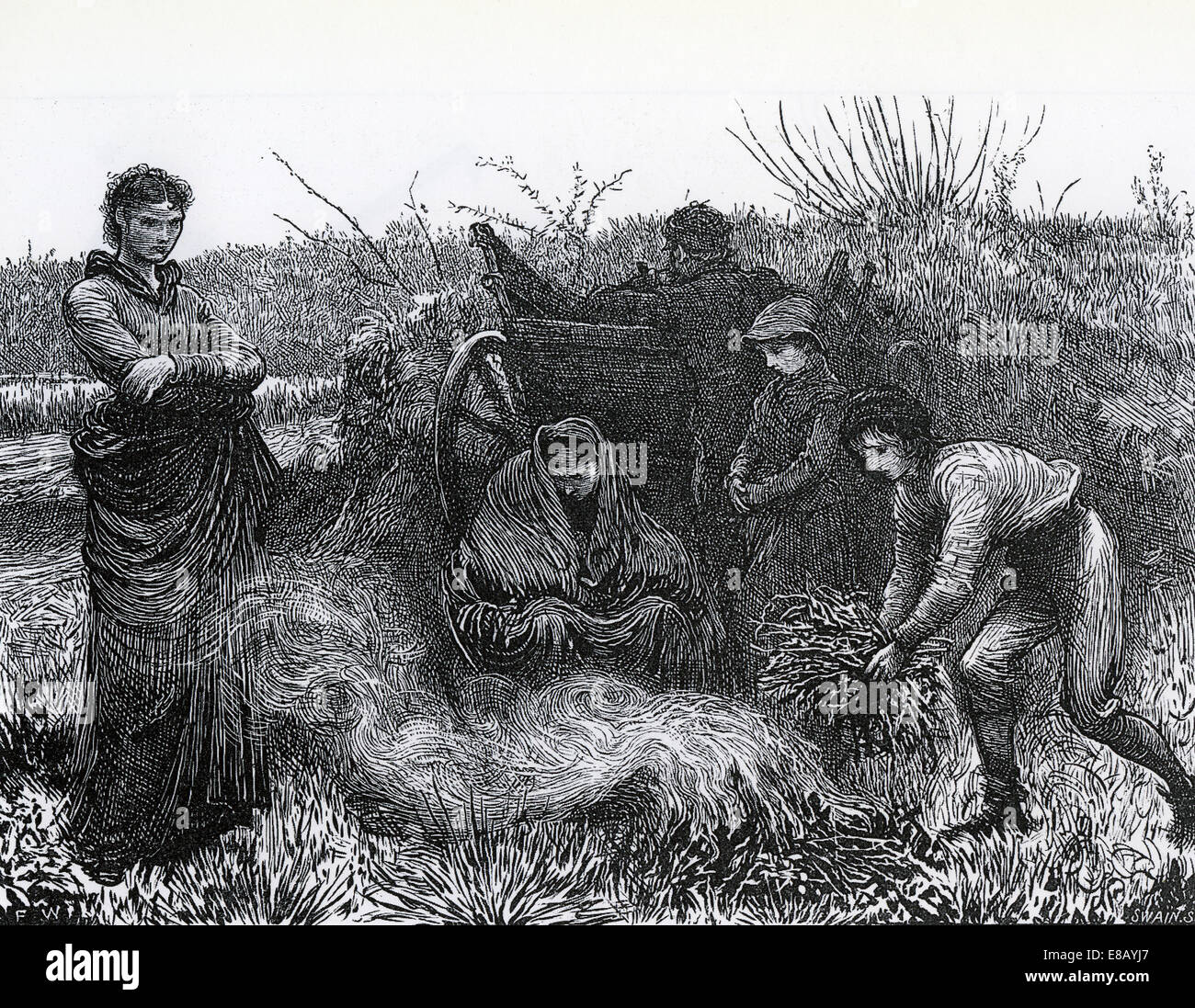 THE VAGRANTS Wood engraving by Joseph Swain in1865 shows a destitute family Stock Photo