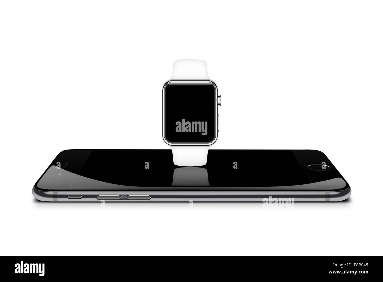 Apple watch white reflected on iphone 6 space gray, digitally generated image. Stock Photo