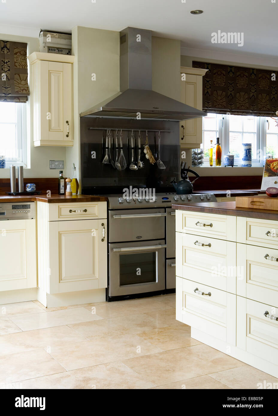 Cream Travertine Floor Tiles In Modern Kitchen With Large