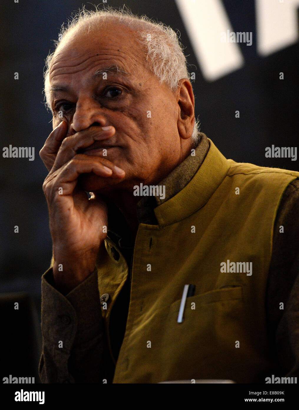 The Indian activist Satish Kumar gives a speech in Mallorca of the education of children and schools. Stock Photo