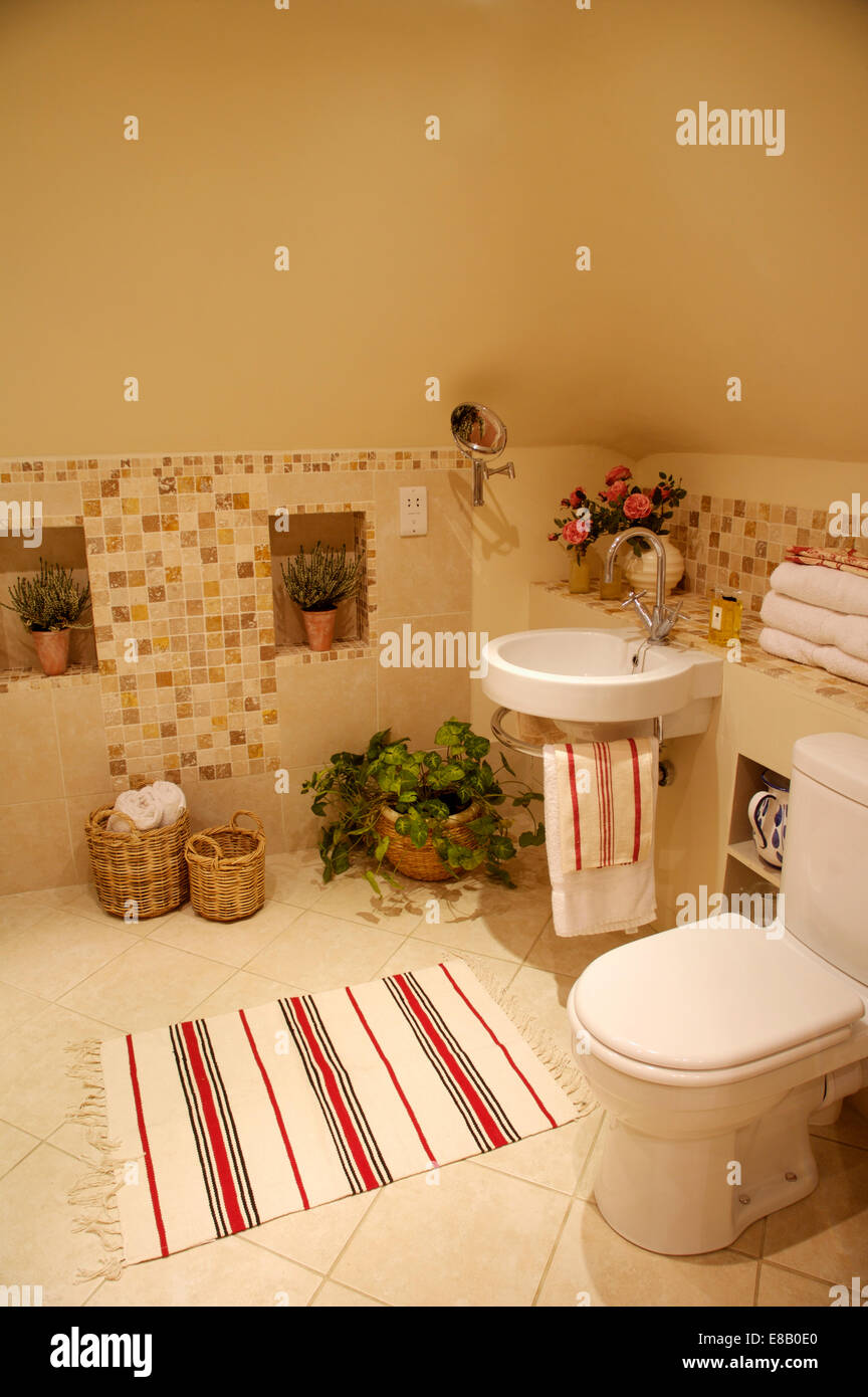 Striped Rug On Cream Tiled Floor In Cream Attic Bathroom With