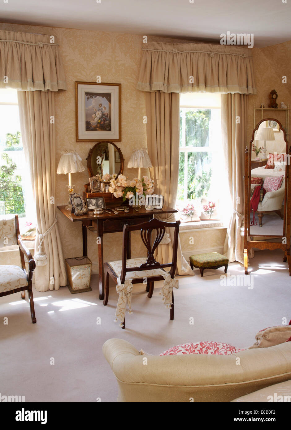 White Carpet In Cream Country Bedroom With Antique Furniture