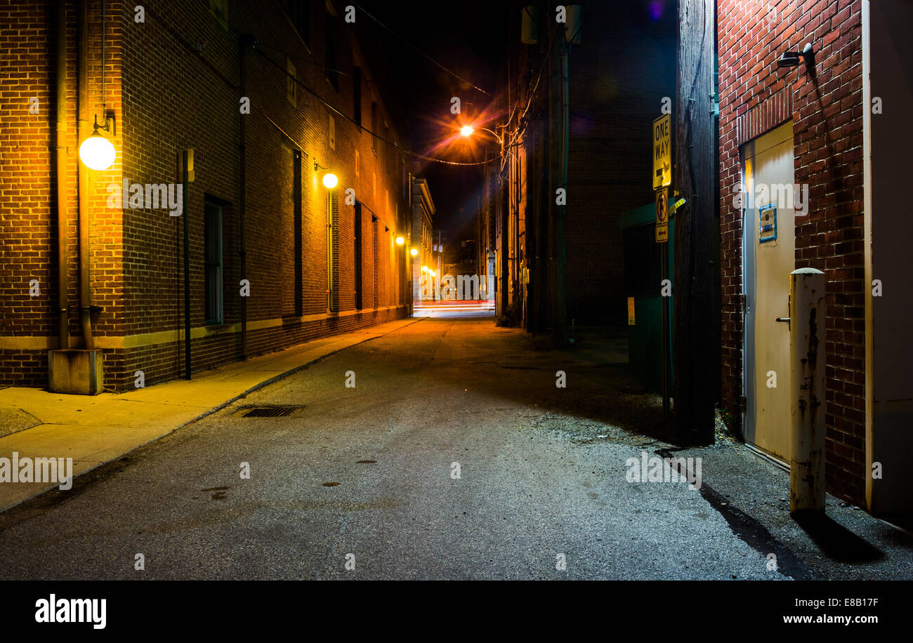 Dark alley at night in Hanover, Pennsylvania. Stock Photo
