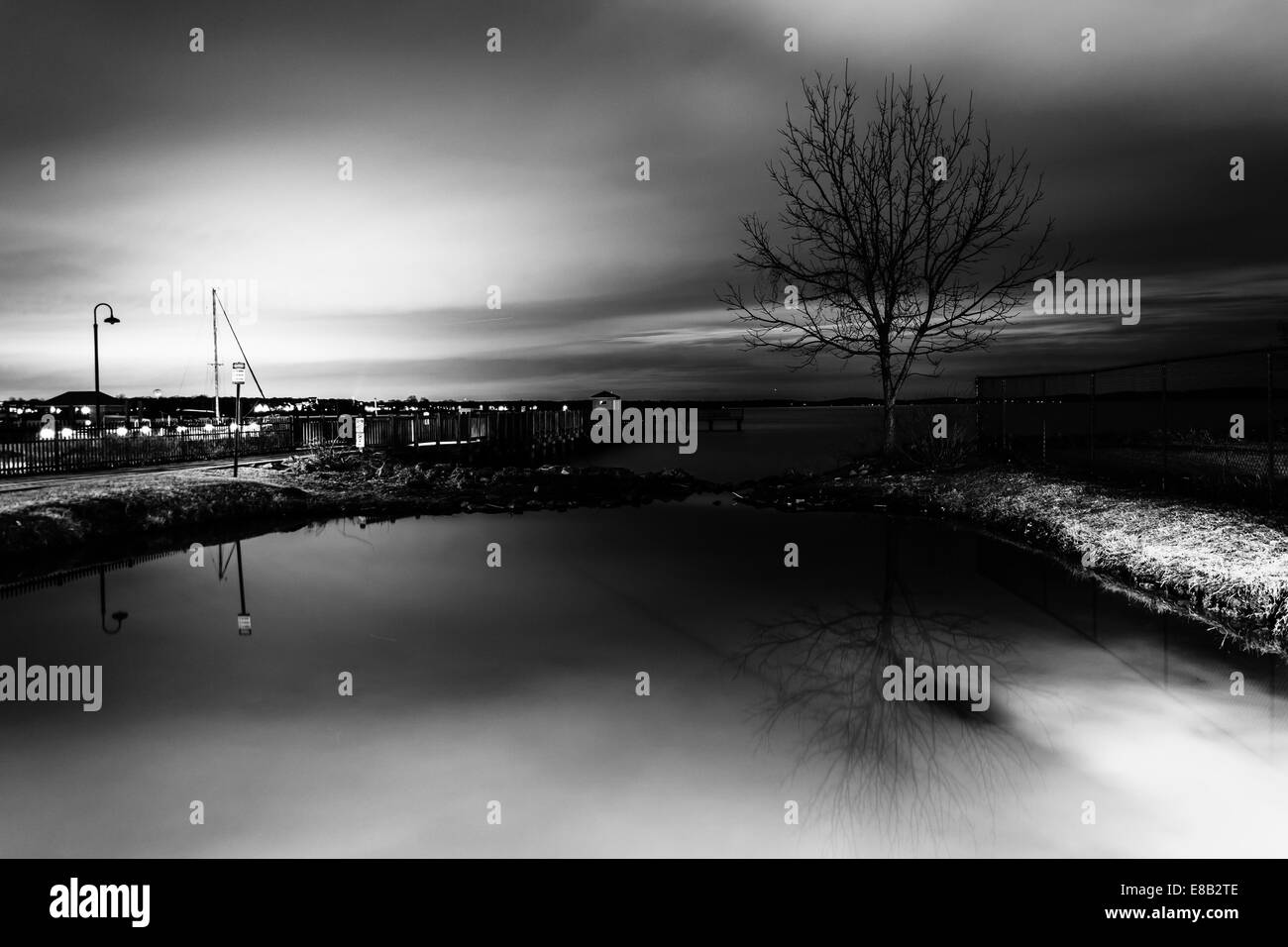 The waterfront at night, in Havre de Grace, Maryland. Stock Photo