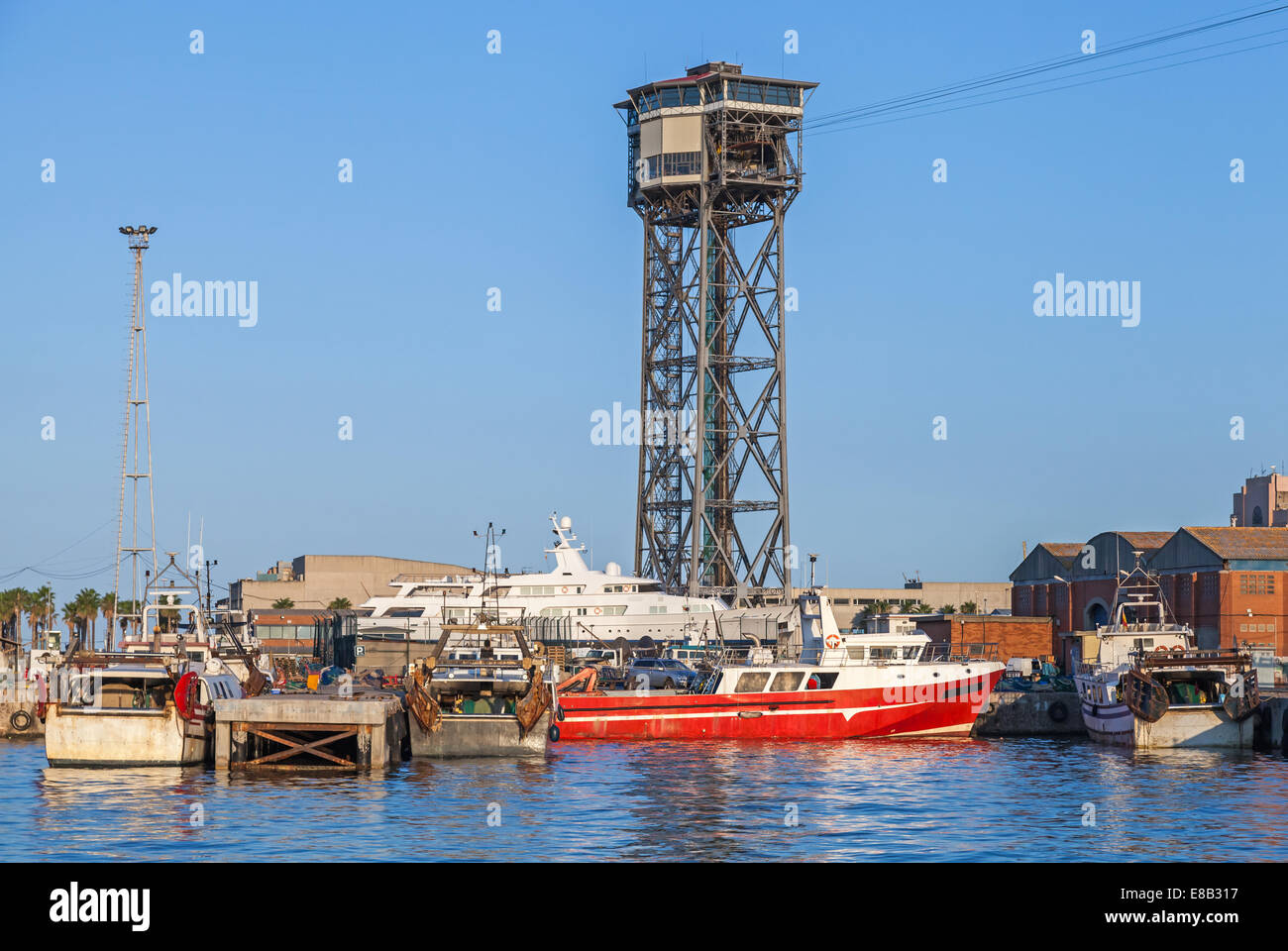 Barcelona port view with Montjuic cable car tower Stock Photo - Alamy