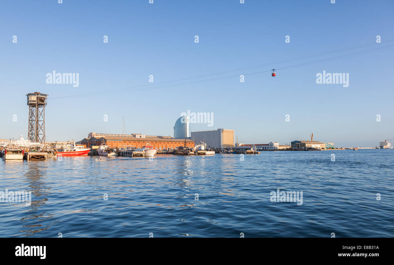 Panorama of Barcelona port with Montjuic cable car tower Stock Photo ...