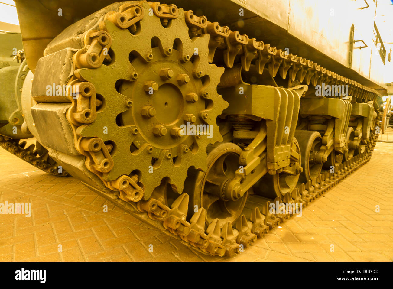 Caterpillar track, continuous track or tank tread on military vehicle