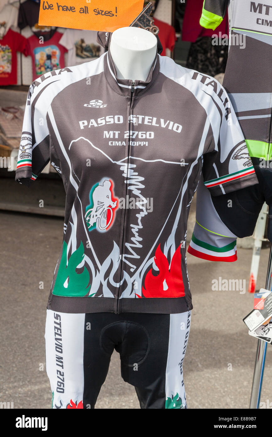 Passo Stelvio cycling jersey for sale at the top of the Stelvio Pass, South Tyrol, Italy Stock Photo