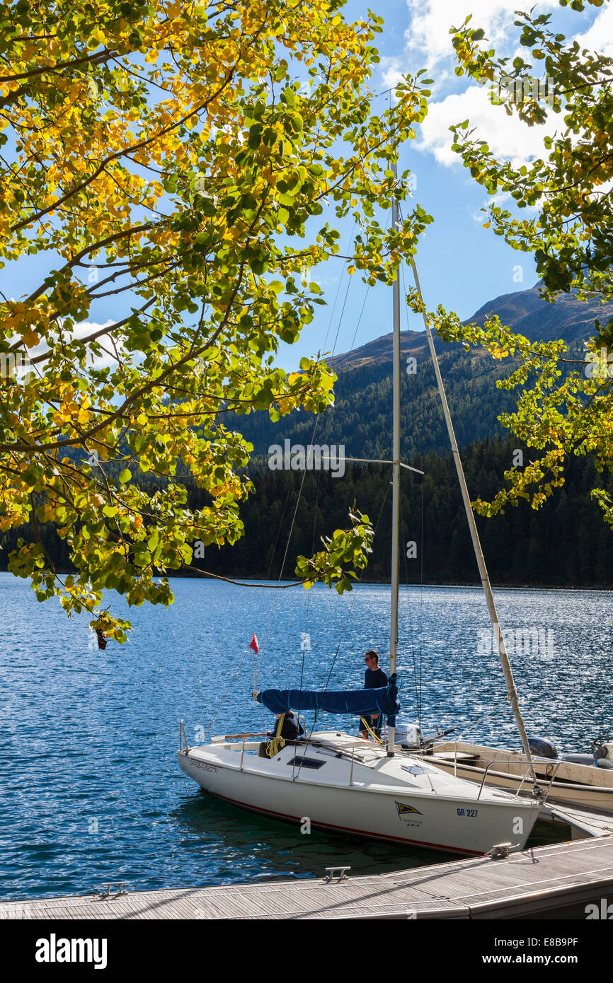 Lake St Moritz and sailing boat, St Moritz, Graubunden, Switzerland Stock Photo