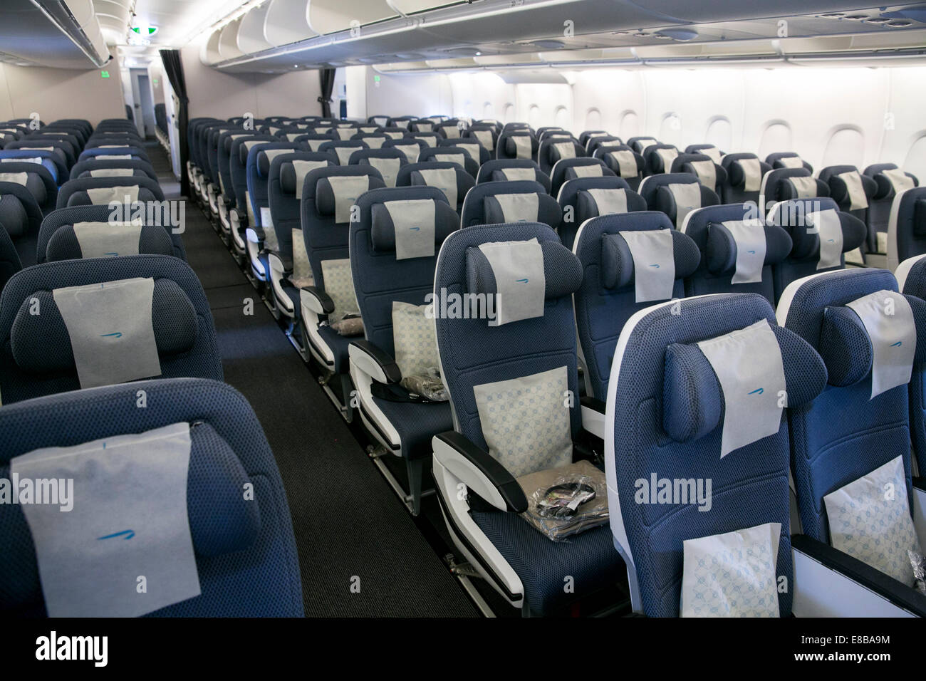 Dulles International Airport, Virginia, USA. 2nd October, 2014. The World Traveller (coach) section of British Airways Airbus A380 Super Jumbo at Washington Dulles International Airport in Dulles, Virginia on October 2, 2014. The landing marks the start of regular British Airways A380 service between Washington and London. Credit:  Kristoffer Tripplaar/Alamy Live News Stock Photo
