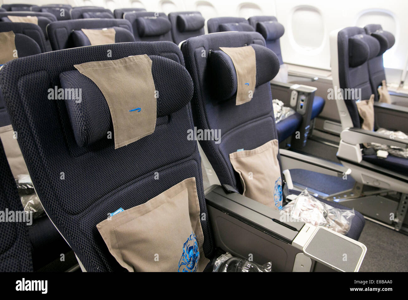 Dulles International Airport, Virginia, USA. 2nd October, 2014. The World Traveller Plus (coach) section of British Airways Airbus A380 Super Jumbo at Washington Dulles International Airport in Dulles, Virginia on October 2, 2014. The landing marks the start of regular British Airways A380 service between Washington and London. Credit:  Kristoffer Tripplaar/Alamy Live News Stock Photo