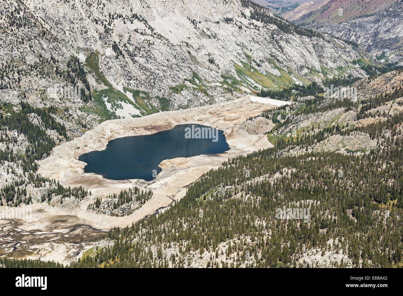 aerial view showing low water level in South Lake reservoir in