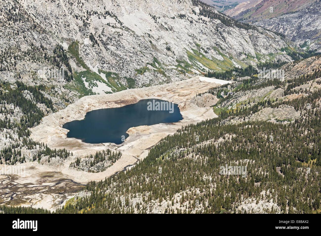 aerial view showing low water level in South Lake reservoir in California because of drought Stock Photo