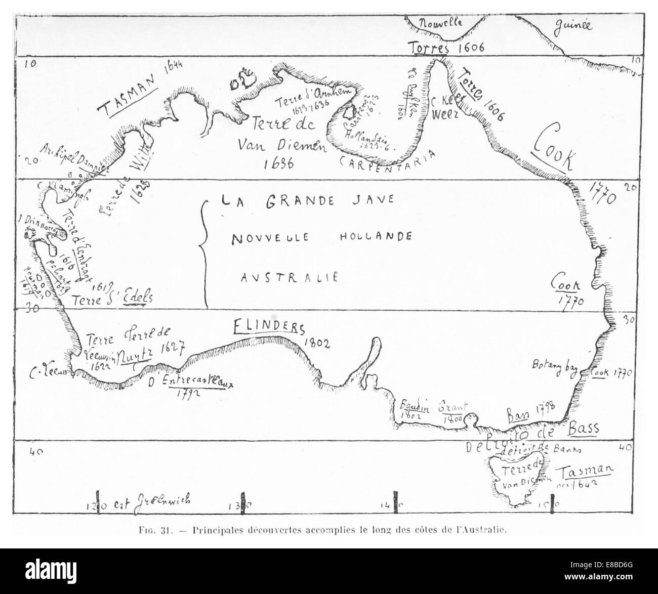 RAINAUD(1893) Fig. 31 Principales decouvertes accomplies le long des cotes de l'Australie Stock Photo