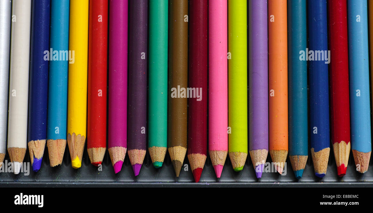 Old colored pencils with dust. Astonishing sharpness image. Medium format colour rendering and image quality. Stock Photo