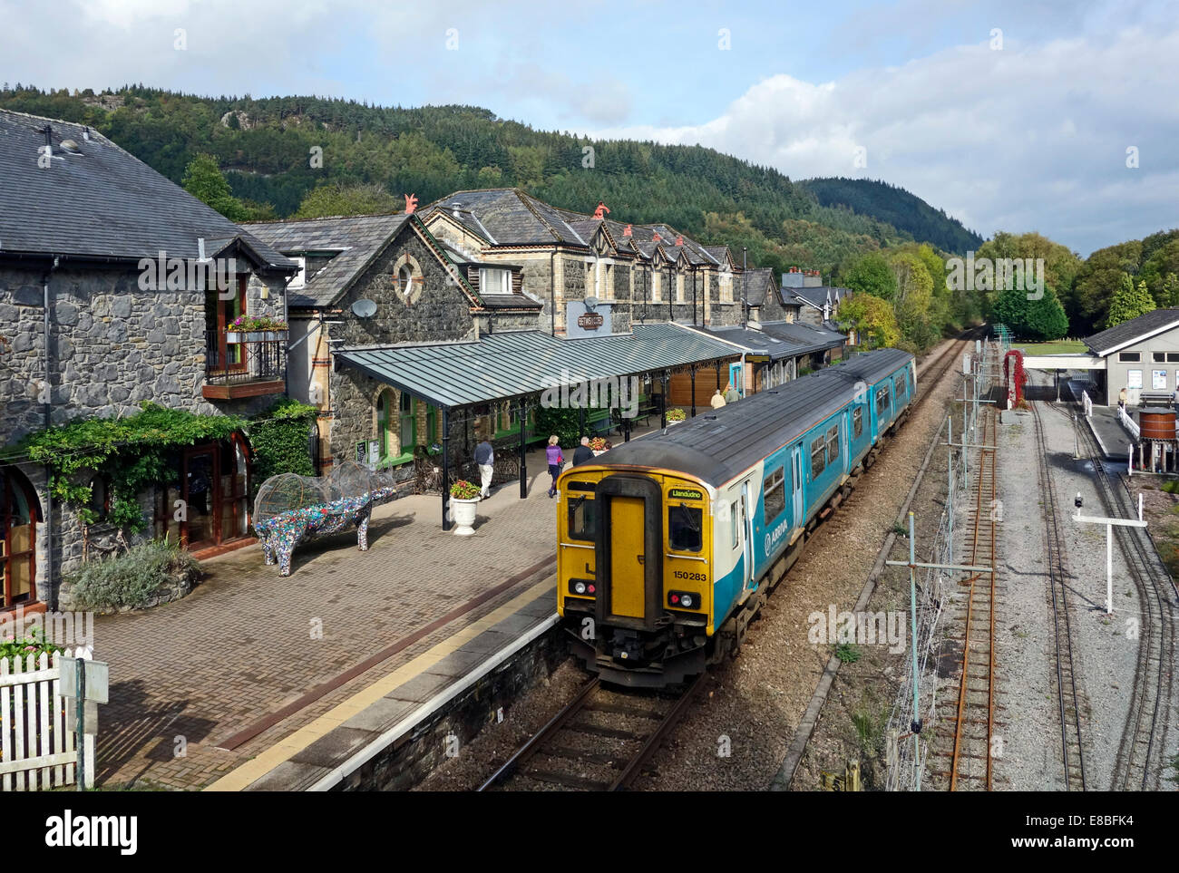 Betswycoed (Betws-y-coed) railway station in the Vale of Conwy Wales United Kingdom with Arriva class 150 DMU for Llandudno Stock Photo