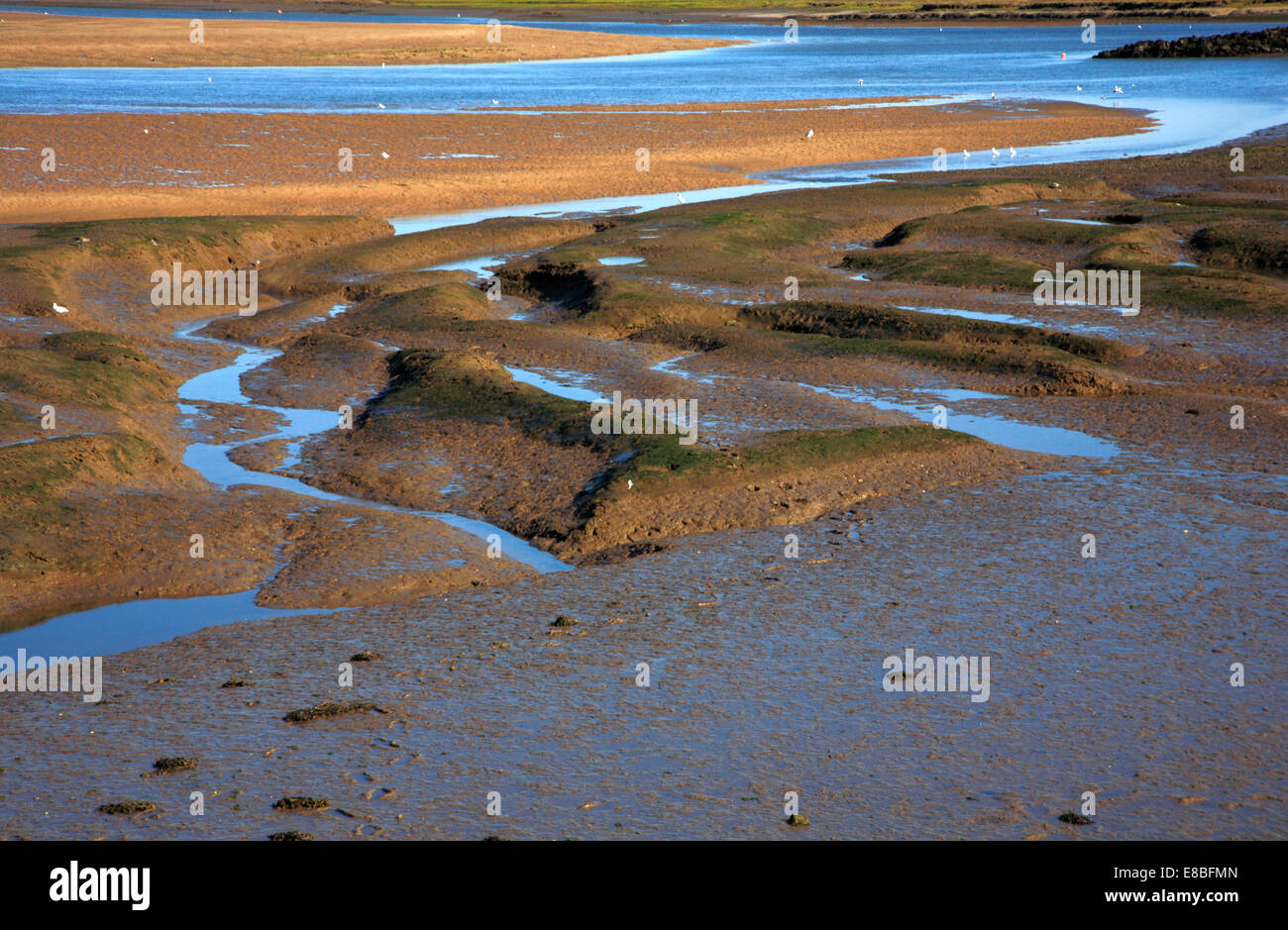 A view of scoured mud flats and sand banks at low water in Burnham Overy creek, Norfolk, England, United Kingdom. Stock Photo