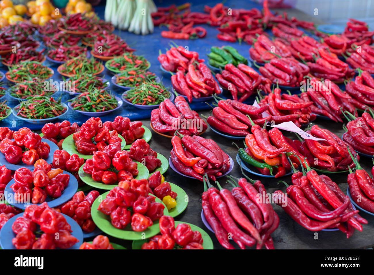 Red chili peppers in malaysian borneo market. Selective focus Stock Photo -  Alamy