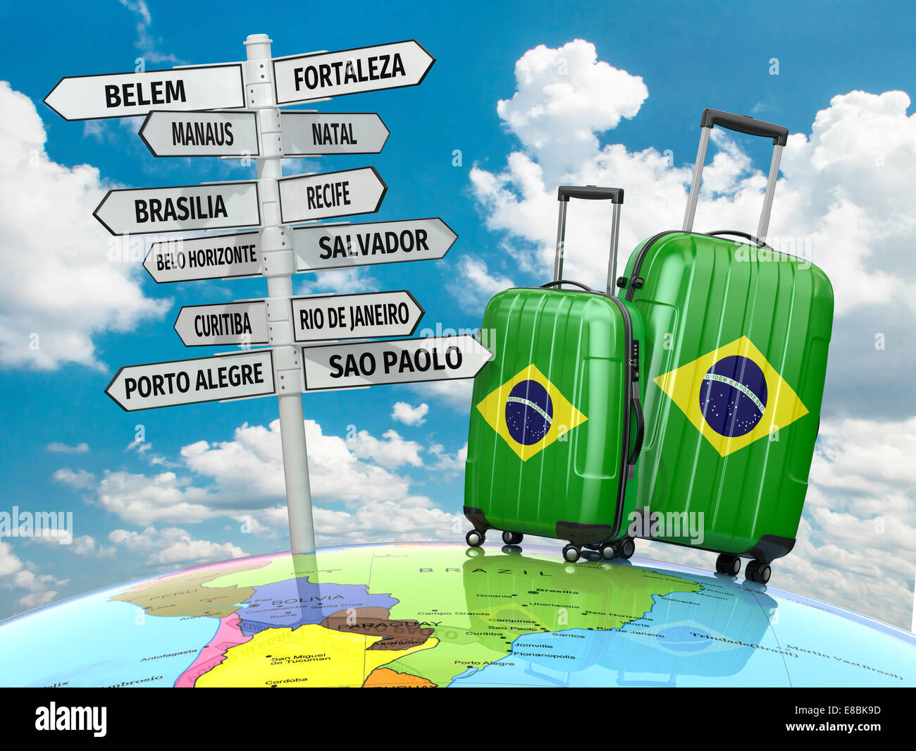 Travel concept. Suitcases and signpost what to visit in Brazil.  3d Stock Photo