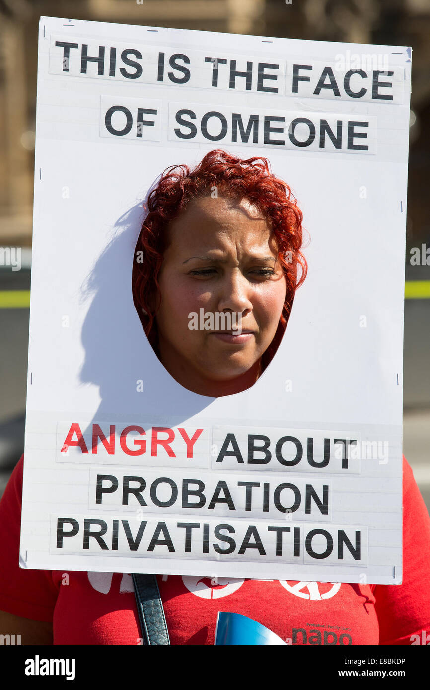 Lawyers and Probation Officers demonstrate outside Parliament against the Ministry of Justice's new 'Fee and Contract' arrangements. Meaning, people accused of a crime who can't afford a lawyer will not get justice.  Featuring: View Where: London, United Kingdom When: 01 Apr 2014 Stock Photo