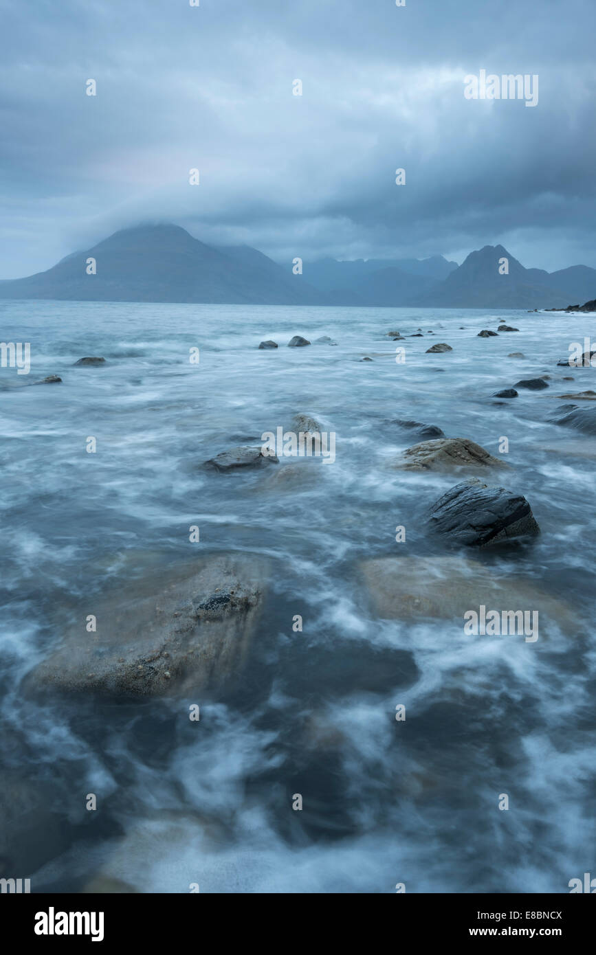 Agitated water at Elgol, Loch Scavaig, with the Black Cuillin beyond, Isle of Skye, Scotland Stock Photo