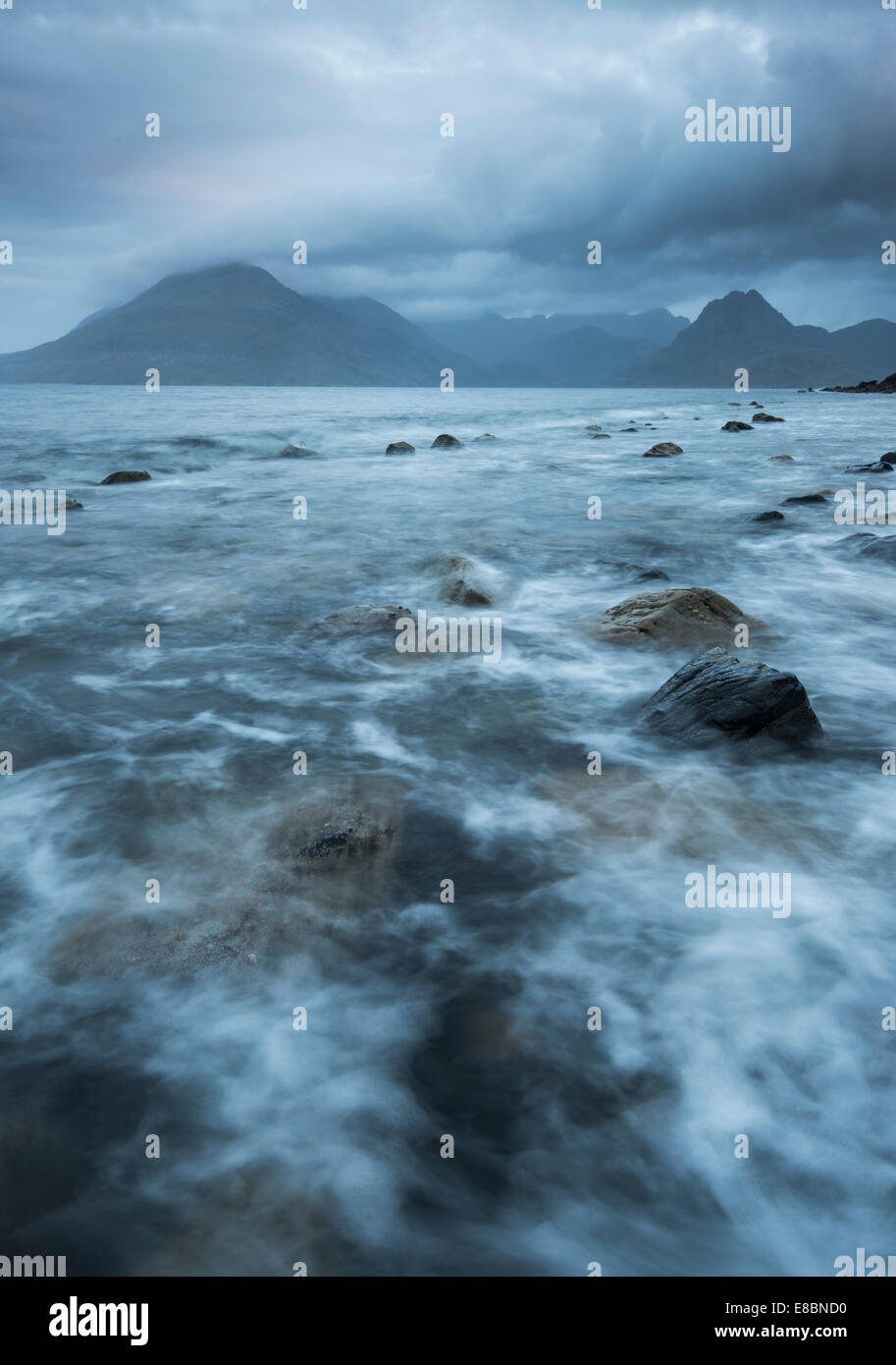 Agitated water at Elgol, Loch Scavaig, with the Black Cuillin beyond, Isle of Skye, Scotland Stock Photo