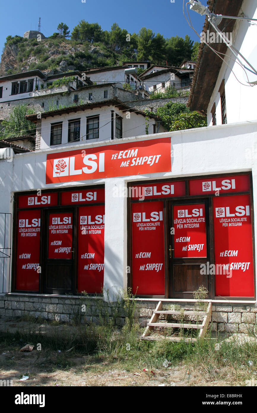 Offices of the Socialist Movement for Integration or Lëvizja Socialiste për Integrim (LSI) in Gjirokastra, Albania Stock Photo
