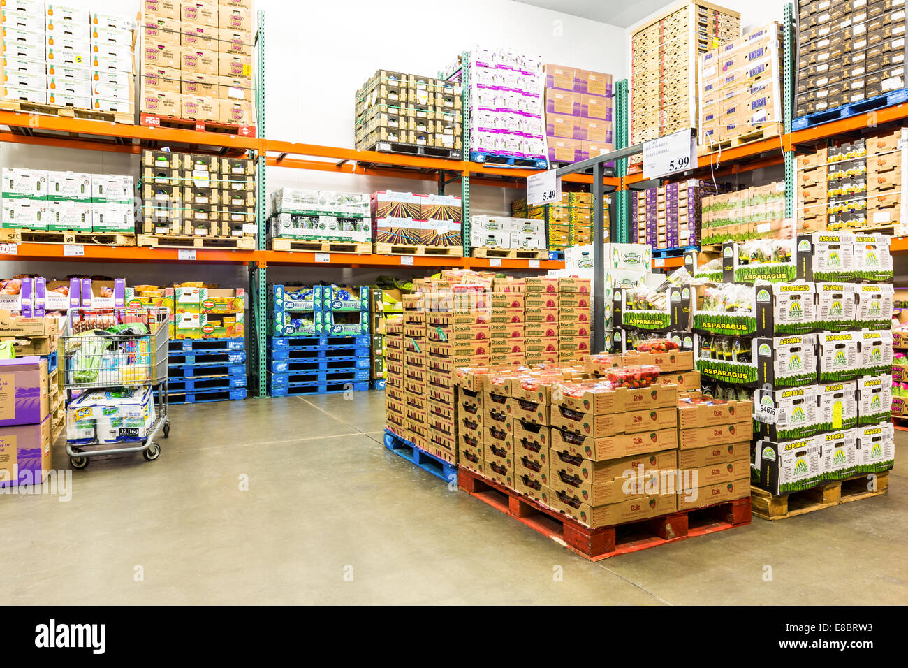 Fresh Produce cold room in a Costco store. Stock Photo