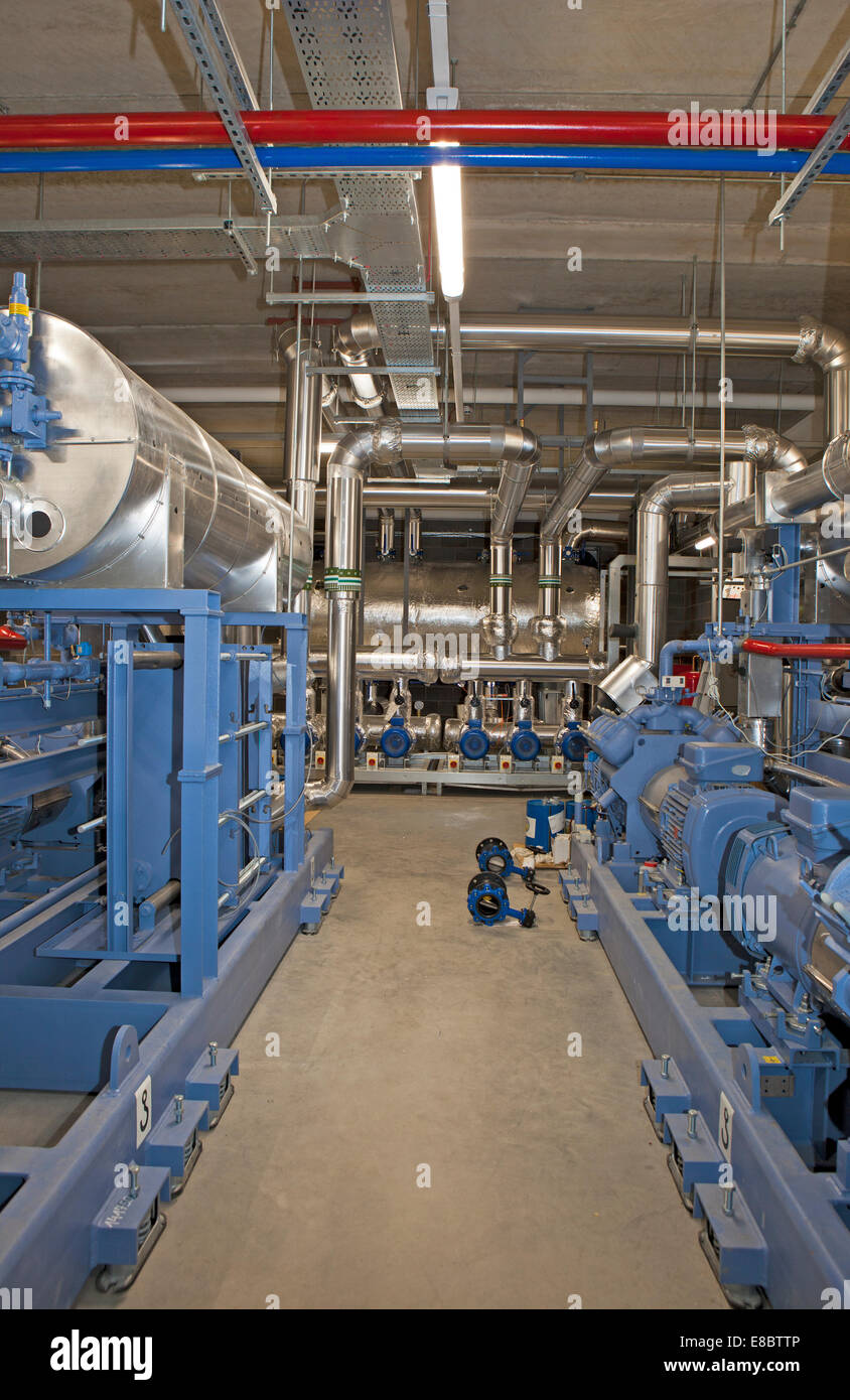 State of the art cooling and refrigeration plant room with colour Stock