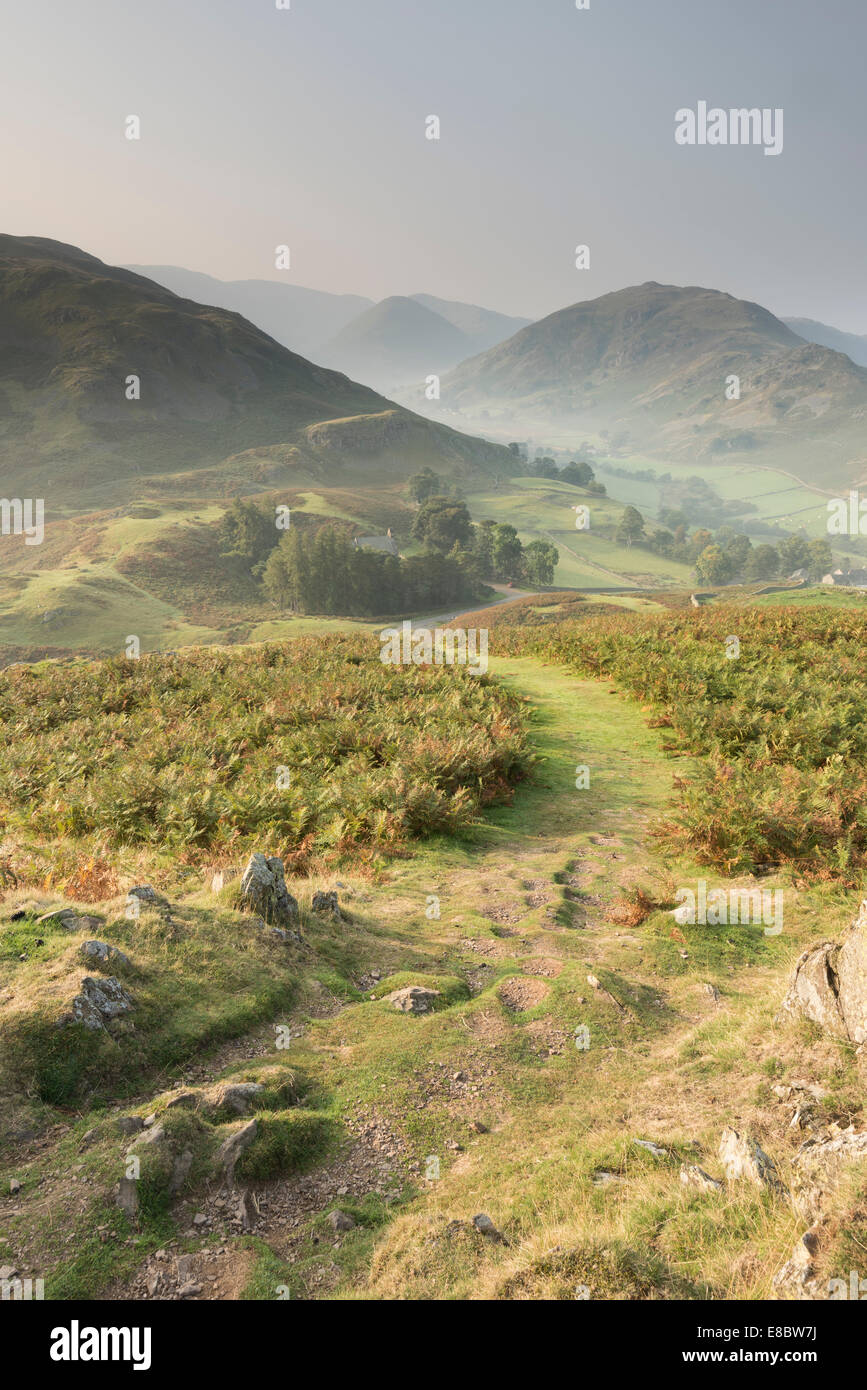 Autumn view from Hallin Fell over St Peter's Church, Martindale, Beda Head and The Nab, English Lake District Stock Photo