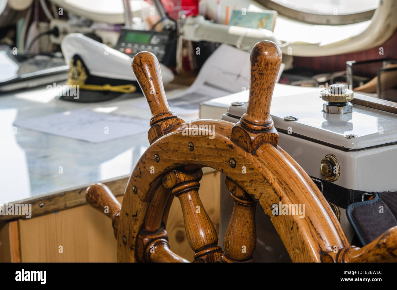 Steering wheel of the ship. A workplace of the captain Stock Photo