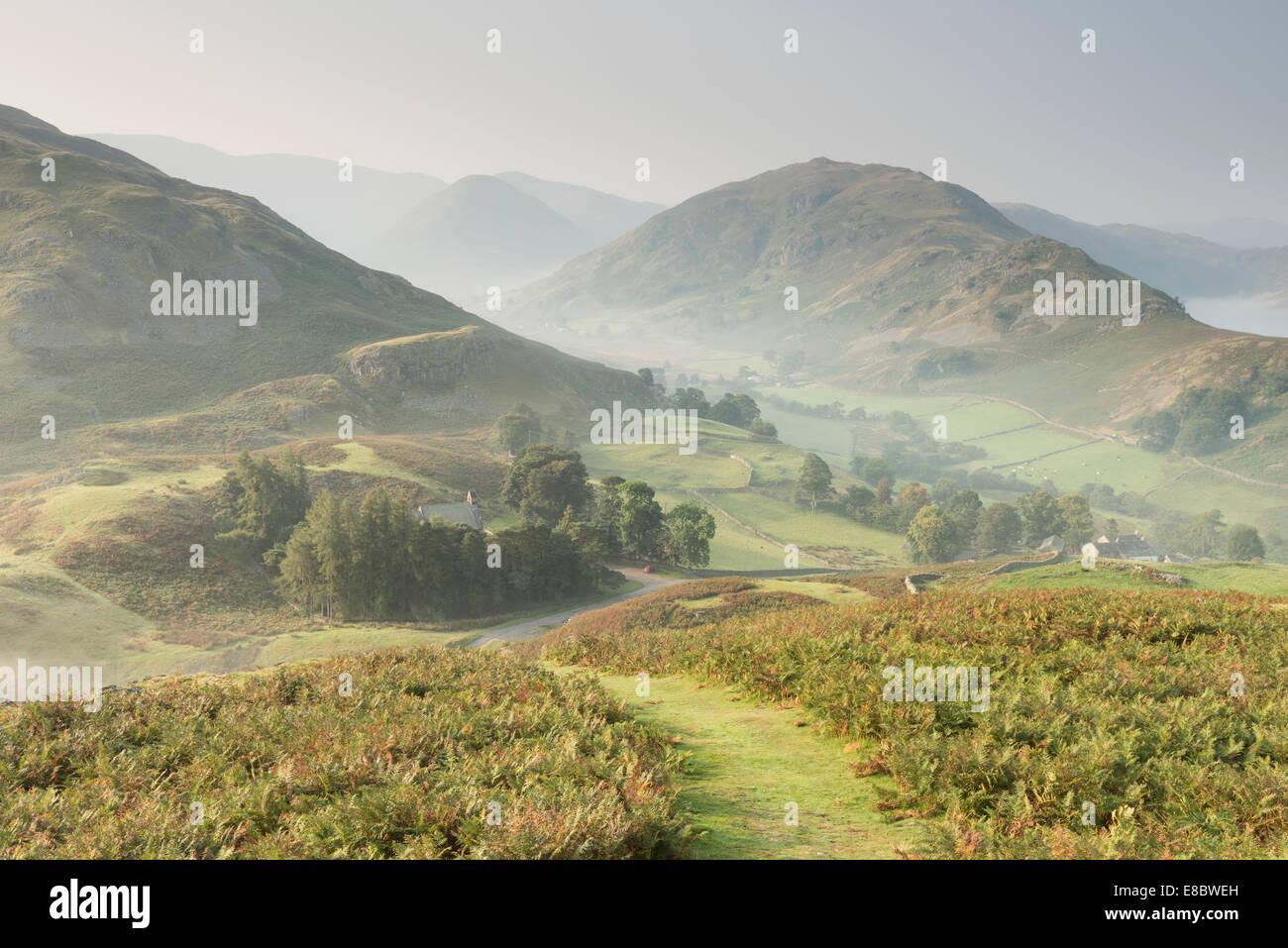 Autumn view from Hallin Fell over St Peter's Church, Martindale, Beda Head and The Nab, English Lake District Stock Photo