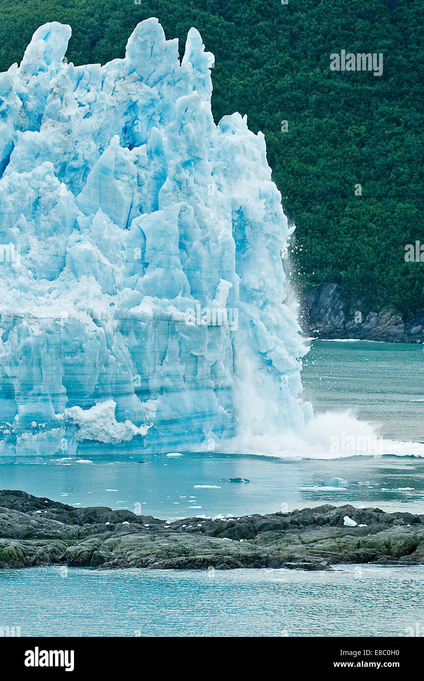 Alaska cruise - calving glacier -  Hubbard glacier -  a huge iceberg calves into Disenchantment Bay - St. Elias Alaska. - near Yukon, Canada. Stock Photo