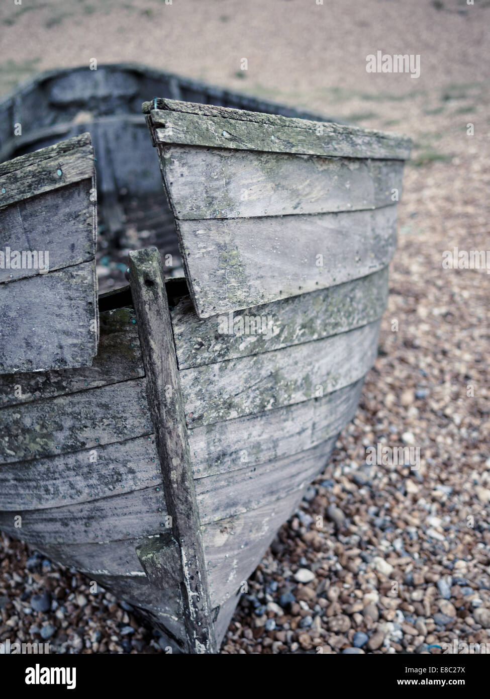 Boat wreck on pebble beach at Dungeness, Kent, England, UK. Stock Photo