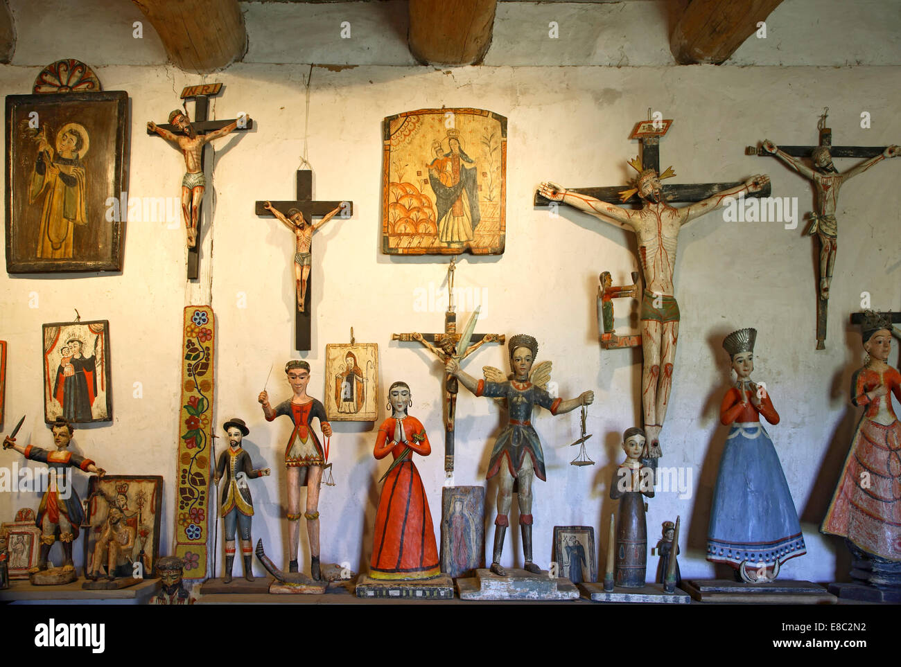 Wooden santos, Frank residence, Rio Hondo, New Mexico USA Stock Photo