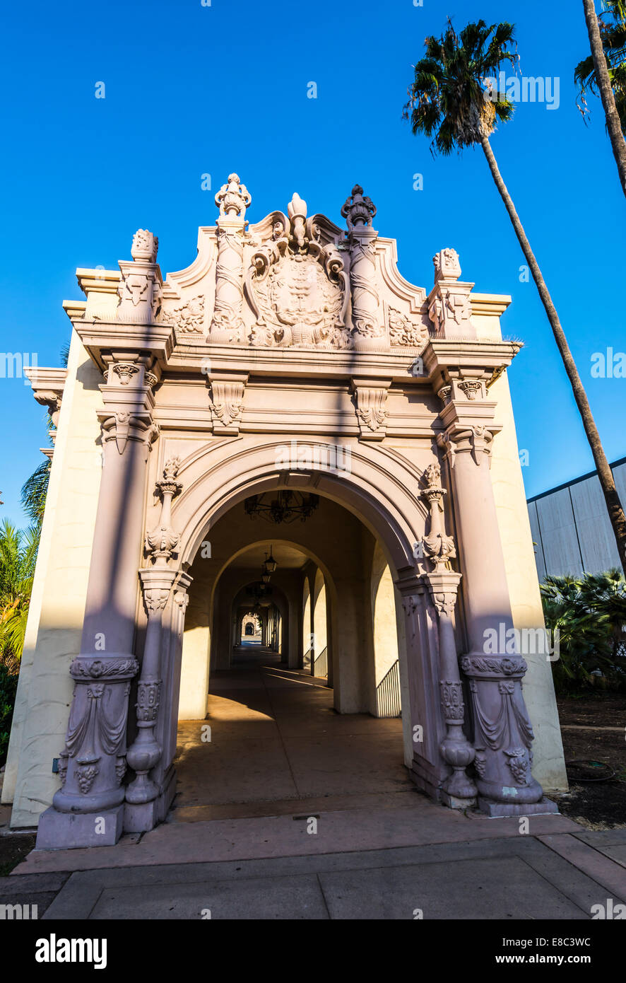 Walking path leading into an arched structure at Balboa Park. San Diego,California, United States. Stock Photo