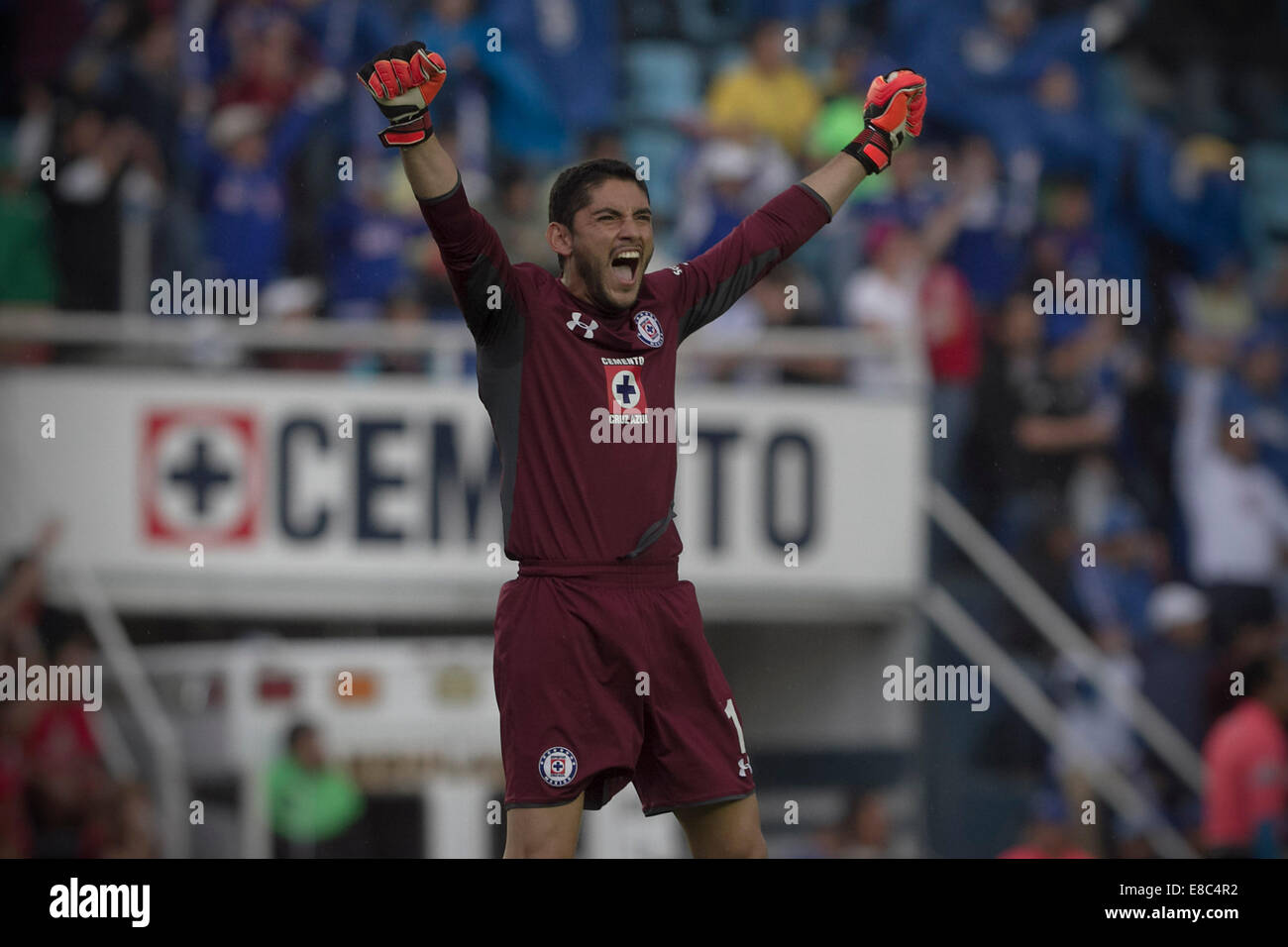 Mexico City, Mexico. 4th Oct, 2014. Jesus Corona, goalkeeper of Cruz Azul, reacts during the match of the 2014 MX League Opening Tournament against America at Azul Stadium in Mexico City, capital of Mexico, on Oct. 4, 2014. Credit:  Alejandro Ayala/Xinhua/Alamy Live News Stock Photo