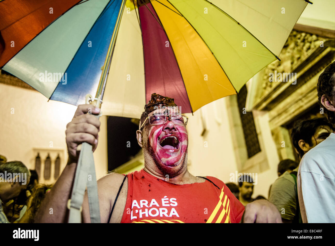 Sitges, Spain. 4th Oct, 2014. A pro-independence Catalan takes part in the Sitges Zombie Walk 2014 in his zombie costume Credit:  Matthias Oesterle/ZUMA Wire/ZUMAPRESS.com/Alamy Live News Stock Photo