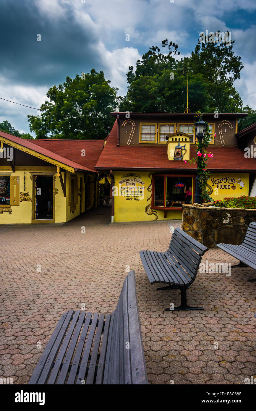 Benches and shops in Helen, Stock Photo Alamy