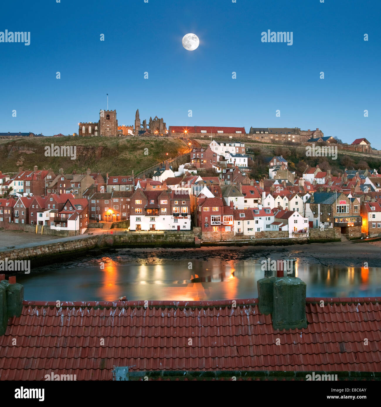 Moonrise over Whitby Abbey, North Yorkshire, England Stock Photo