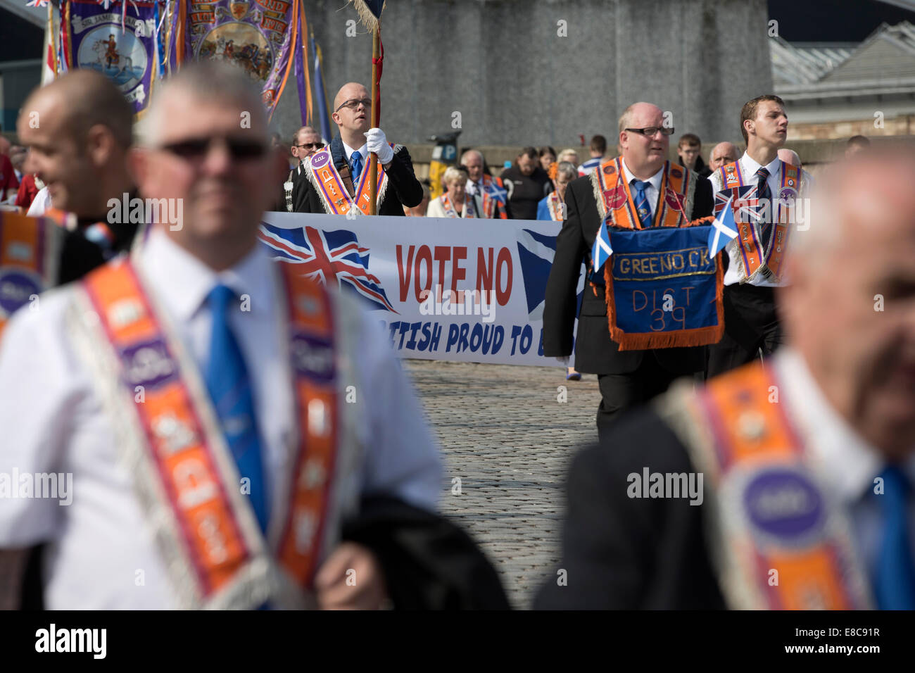 Members of the Protestant Orange Order marching through Edinburgh to show support for a No vote in the forthcoming referendum. Stock Photo