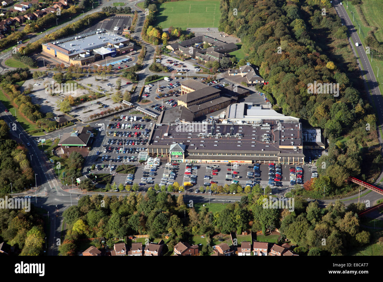 aerial view of the Asda Westbrook Superstore at the Westbrook Shopping Centre in  Warrington, Cheshire, UK Stock Photo